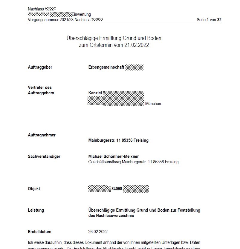 Sachverständigen Stellungnahme überschlägige Ermittlung Nachlassverzeichnis